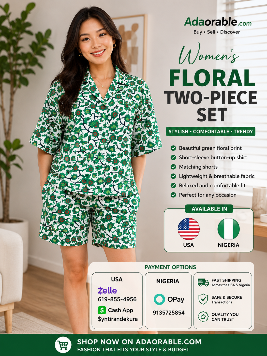 🌿 Women’s Floral Two-Piece Set – Available in the USA & Nigeria 🌿| Avaliable in stock