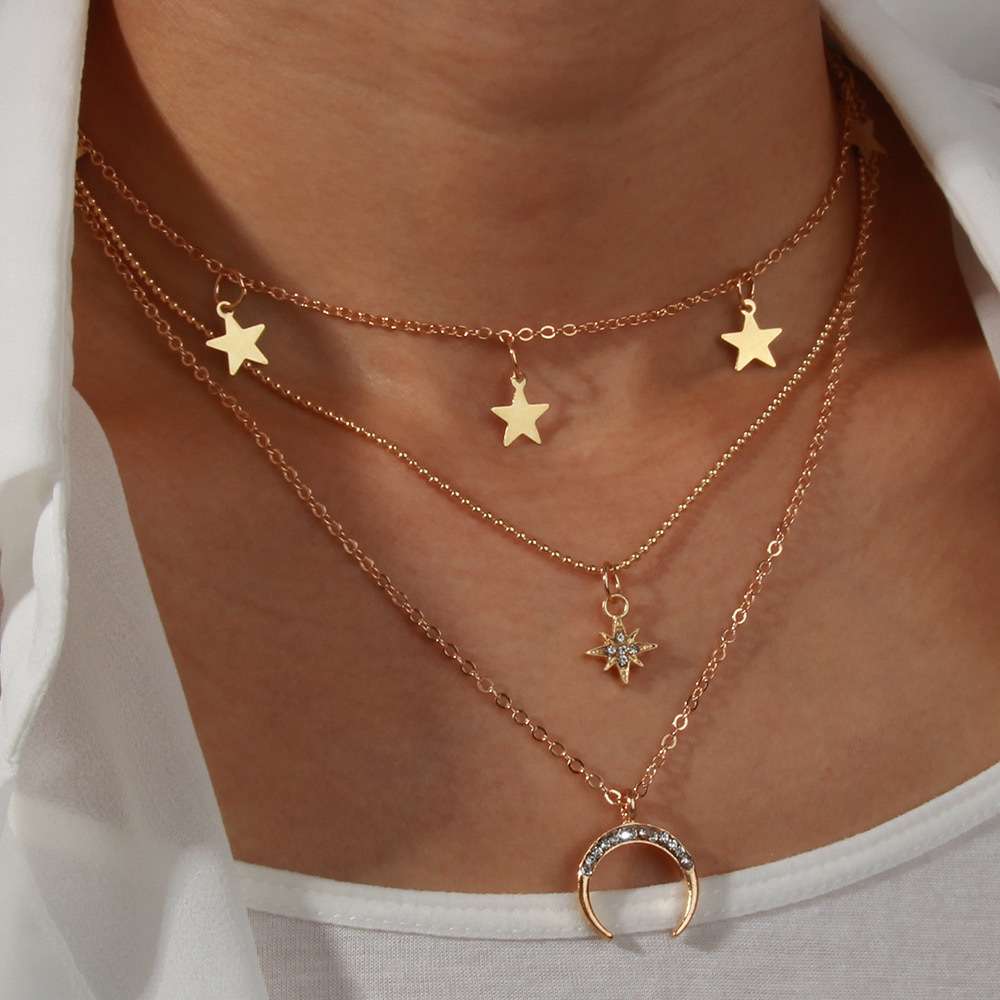 Gold Plated Layered Necklace with Crescent & Star Pendants