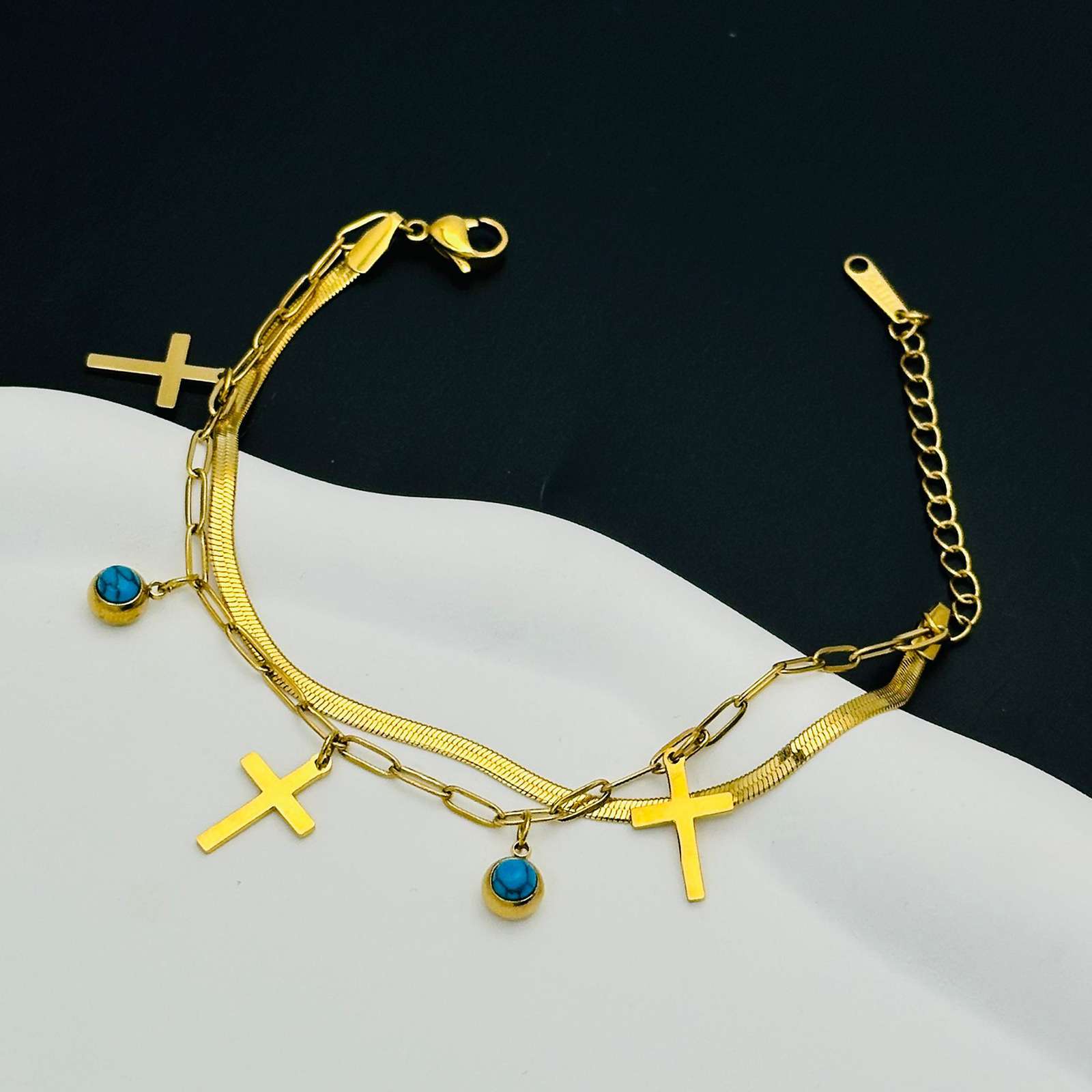 18K Gold Double Layer Cross & Turquoise Bracelet
