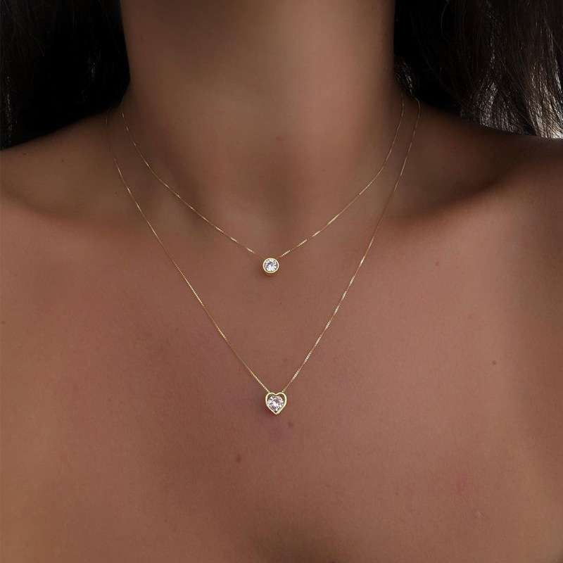Minimalist Layered Heart & Solitaire Crystal Necklace