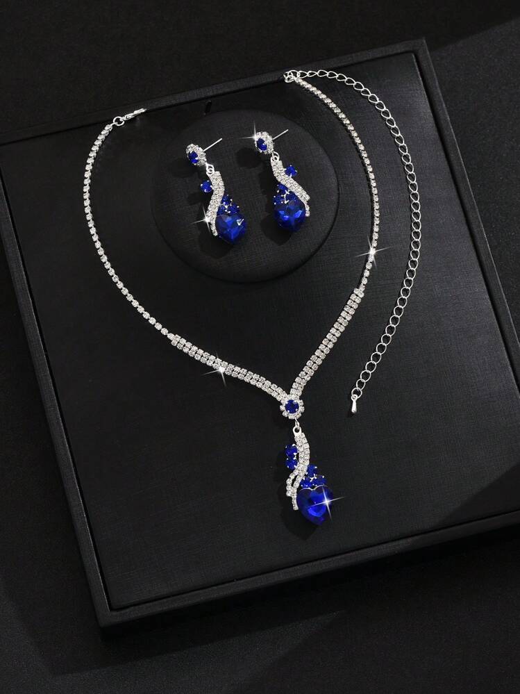 Luxury Royal Blue Heart Rhinestone Jewelry Set