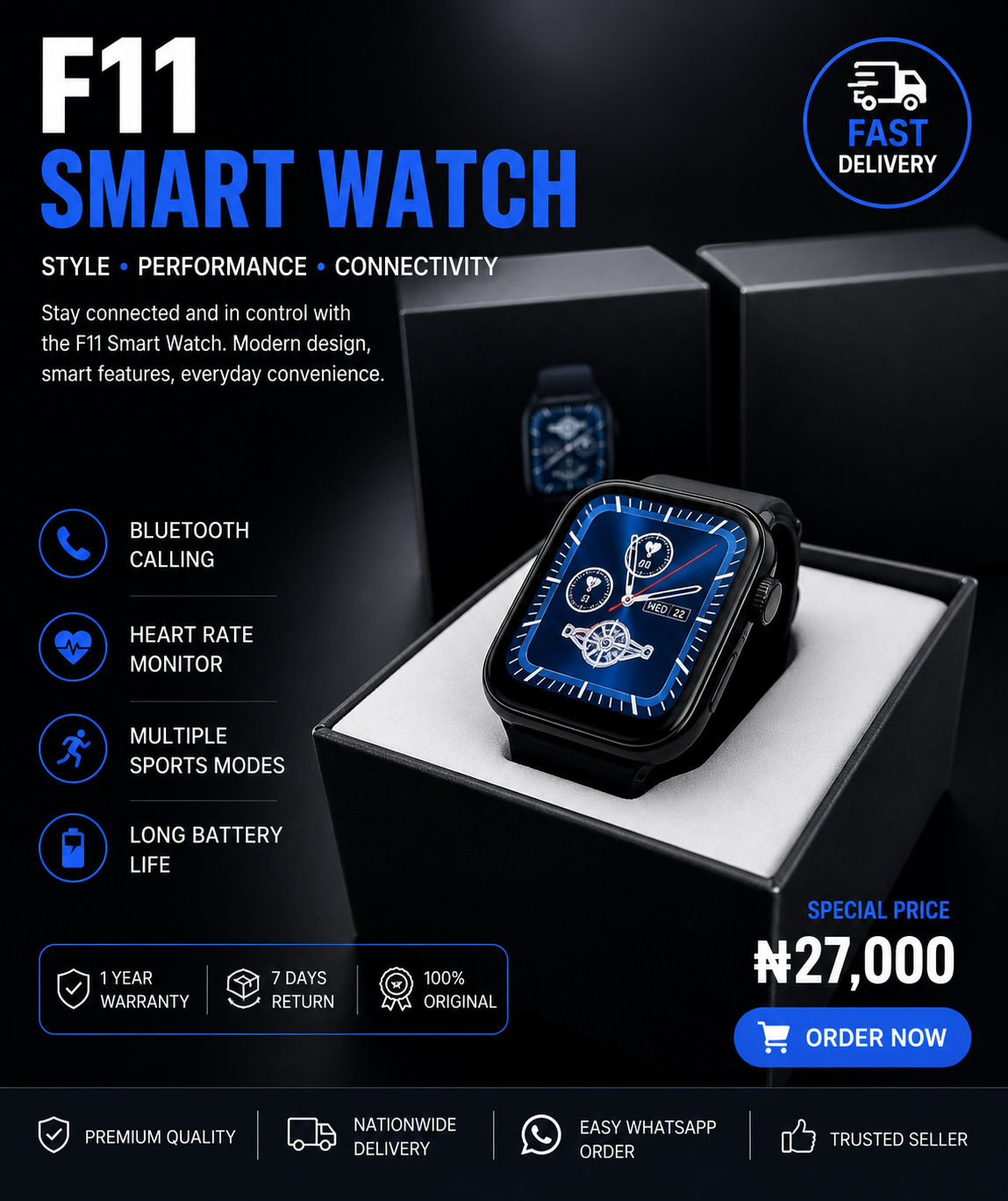 F11 Smart Watch – Bluetooth Calling, Fitness Tracker, Long Battery