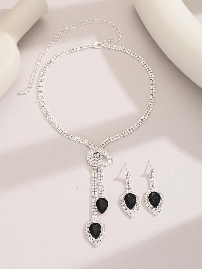 Elegant Silver Rhinestone Jewelry Set - Black Teardrop Crystal Necklace & Matching Drop Earrings