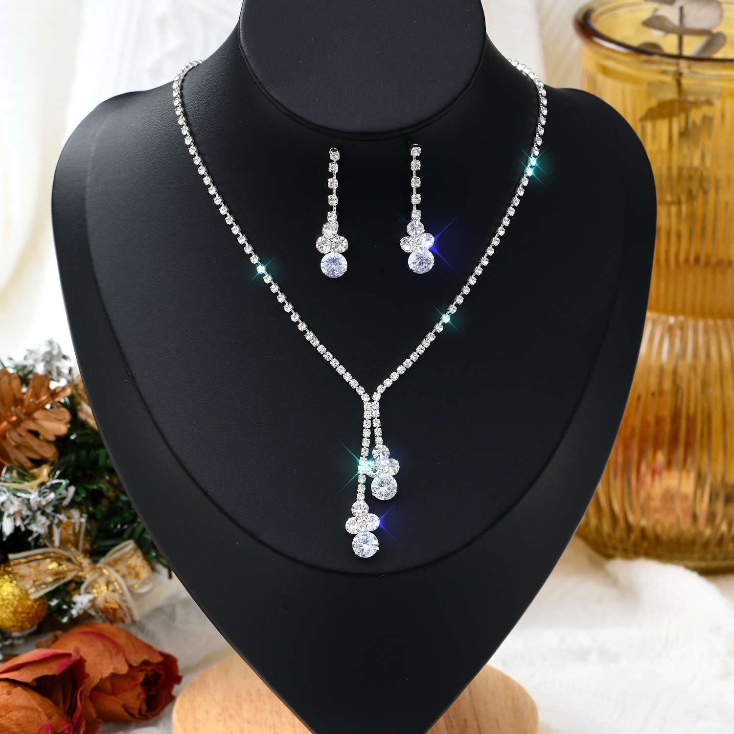 Silver-Tone Rhinestone Bridal Necklace and Earrings Set